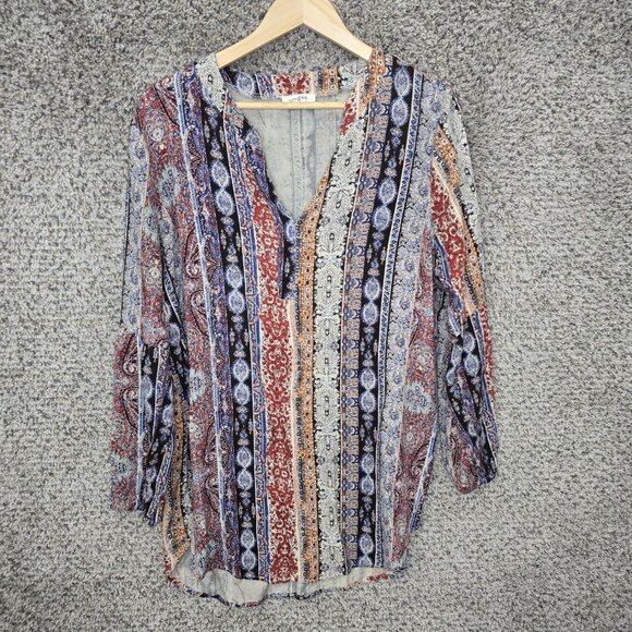 UMGEE Dress Womens Large Blue Paisley Print Mini V Neck Long‎ Sleeve Boho Casual - Picture 1 of 7